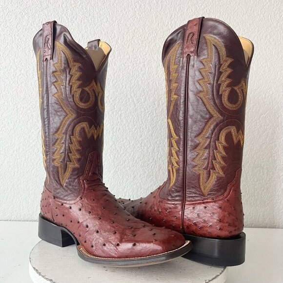 Rod Patrick Mens Cowboy Boots 12.5B Brown Full Quill Ostrich Western Square Toe - Picture 1 of 12
